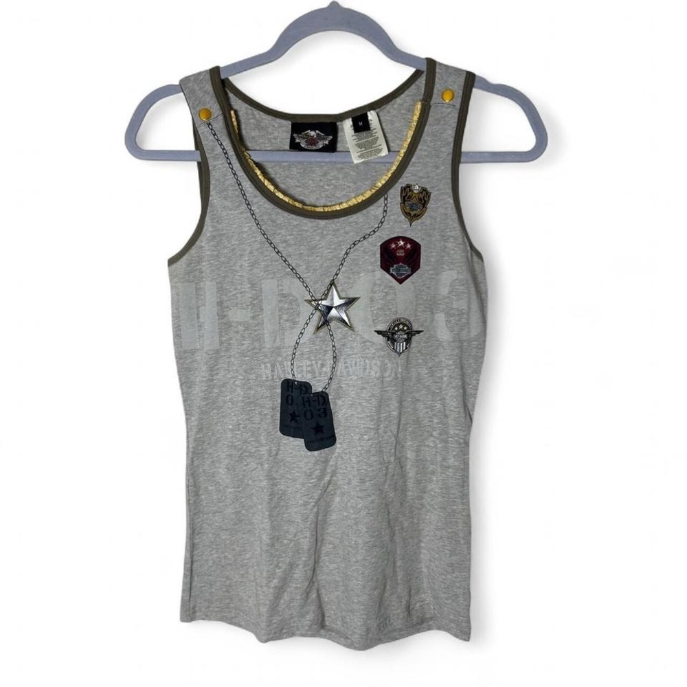 Harley-Davidson Graphic Tank Top Women's Gray Patches Dog Tags Gold Trim medium